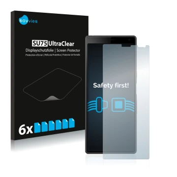 Parte frontale di una confezione del prodotto con il logo del marchio Savvies. Accanto è raffigurato il dispositivo Sony Xperi