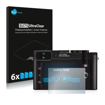 Parte frontale di una confezione del prodotto con il logo del marchio Savvies. Accanto è raffigurato il dispositivo Leica Q2 c