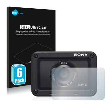 Parte frontale di una confezione del prodotto con il logo del marchio Savvies. Accanto è raffigurato il dispositivo Sony DSC-R