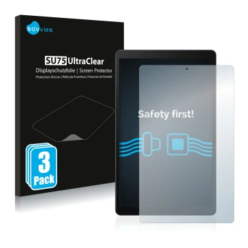 Parte frontale di una confezione del prodotto con il logo del marchio Savvies. Accanto è raffigurato il dispositivo Samsung Ga