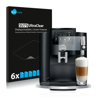 Parte frontale di una confezione del prodotto con il logo del marchio Savvies. Accanto è raffigurato il dispositivo Jura S8 co