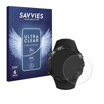 Parte frontale di una confezione del prodotto con il logo del marchio Savvies. Accanto è raffigurato il dispositivo Suunto 5 c