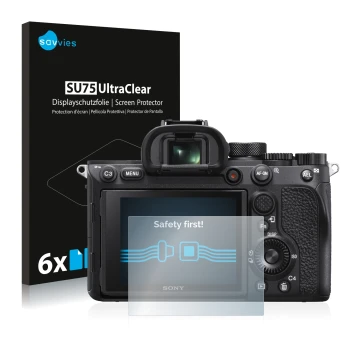 Parte frontale di una confezione del prodotto con il logo del marchio Savvies. Accanto è raffigurato il dispositivo Sony Alpha