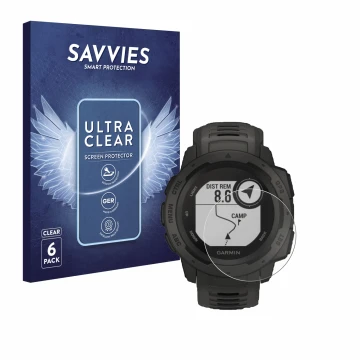 Parte frontale di una confezione del prodotto con il logo del marchio Savvies. Accanto è raffigurato il dispositivo Garmin Ins
