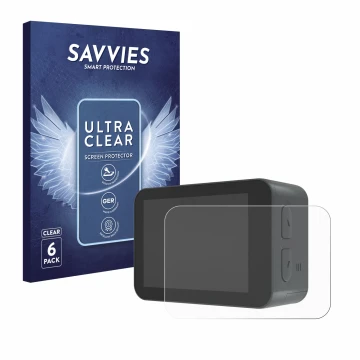 Parte frontale di una confezione del prodotto con il logo del marchio Savvies. Accanto è raffigurato il dispositivo Akaso V50X