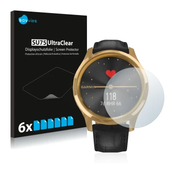 Parte frontale di una confezione del prodotto con il logo del marchio Savvies. Accanto è raffigurato il dispositivo Garmin viv