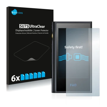 Parte frontale di una confezione del prodotto con il logo del marchio Savvies. Accanto è raffigurato il dispositivo FiiO M9 co