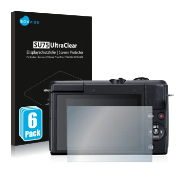 Parte frontale di una confezione del prodotto con il logo del marchio Savvies. Accanto è raffigurato il dispositivo Canon EOS 