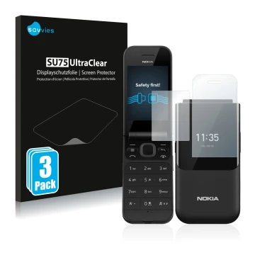 Parte frontale di una confezione del prodotto con il logo del marchio Savvies. Accanto è raffigurato il dispositivo Nokia 2720