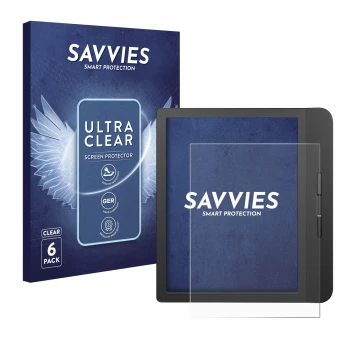 Parte frontale di una confezione del prodotto con il logo del marchio Savvies. Accanto è raffigurato il dispositivo Tolino Vis