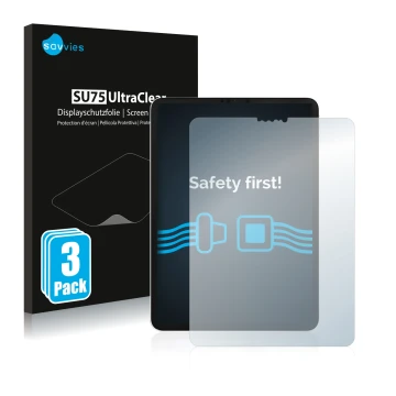 Parte frontale di una confezione del prodotto con il logo del marchio Savvies. Accanto è raffigurato il dispositivo Apple iPad