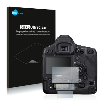 Parte frontale di una confezione del prodotto con il logo del marchio Savvies. Accanto è raffigurato il dispositivo Canon EOS 