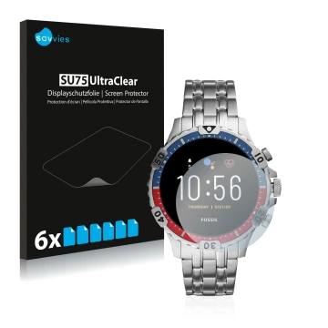 Parte frontale di una confezione del prodotto con il logo del marchio Savvies. Accanto è raffigurato il dispositivo Fossil Gar