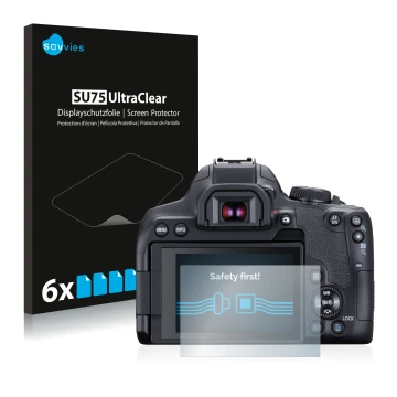 Parte frontale di una confezione del prodotto con il logo del marchio Savvies. Accanto è raffigurato il dispositivo Canon EOS 