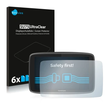 Parte frontale di una confezione del prodotto con il logo del marchio Savvies. Accanto è raffigurato il dispositivo TomTom Go 