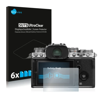 Parte frontale di una confezione del prodotto con il logo del marchio Savvies. Accanto è raffigurato il dispositivo Fujifilm X