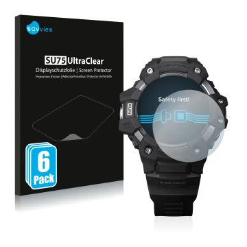Parte frontale di una confezione del prodotto con il logo del marchio Savvies. Accanto è raffigurato il dispositivo Casio G-Sh