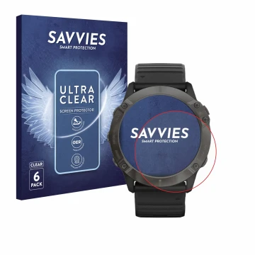 Parte frontale di una confezione del prodotto con il logo del marchio Savvies. Accanto è raffigurato il dispositivo Garmin Fen