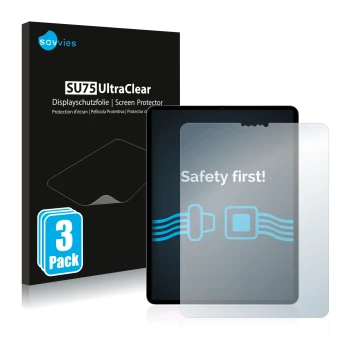 Parte frontale di una confezione del prodotto con il logo del marchio Savvies. Accanto è raffigurato il dispositivo Apple iPad