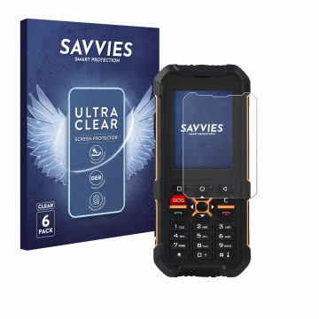 Parte frontale di una confezione del prodotto con il logo del marchio Savvies. Accanto è raffigurato il dispositivo RugGear RG