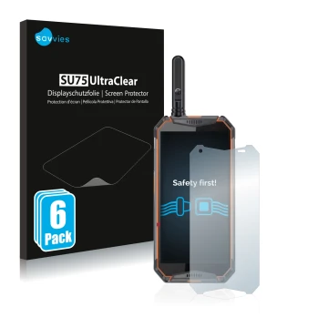 Parte frontale di una confezione del prodotto con il logo del marchio Savvies. Accanto è raffigurato il dispositivo Ulefone Ar