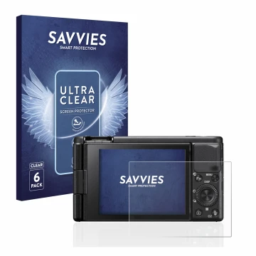 Parte frontale di una confezione del prodotto con il logo del marchio Savvies. Accanto è raffigurato il dispositivo Sony ZV-1 