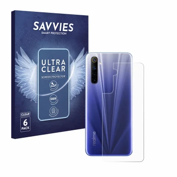 Parte frontale di una confezione del prodotto con il logo del marchio Savvies. Accanto è raffigurato il dispositivo realme 6 (