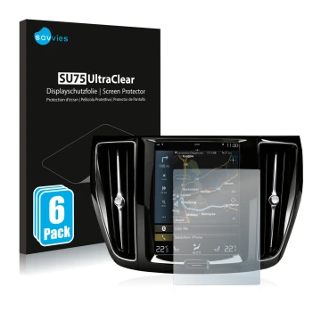 Parte frontale di una confezione del prodotto con il logo del marchio Savvies. Accanto è raffigurato il dispositivo Volvo S60 