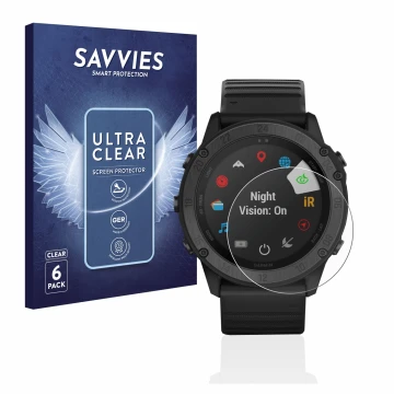 Parte frontale di una confezione del prodotto con il logo del marchio Savvies. Accanto è raffigurato il dispositivo Garmin Tac