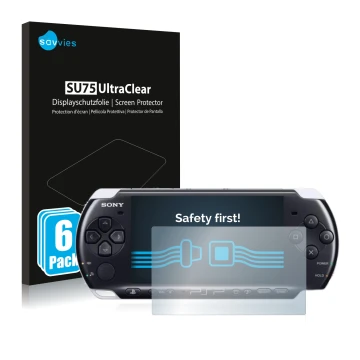 Parte frontale di una confezione del prodotto con il logo del marchio Savvies. Accanto è raffigurato il dispositivo Sony PSP 3