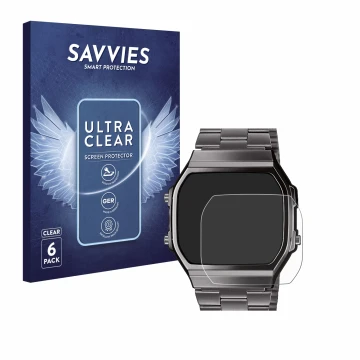 Parte frontale di una confezione del prodotto con il logo del marchio Savvies. Accanto è raffigurato il dispositivo Casio A168