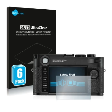 Parte frontale di una confezione del prodotto con il logo del marchio Savvies. Accanto è raffigurato il dispositivo Leica M10-