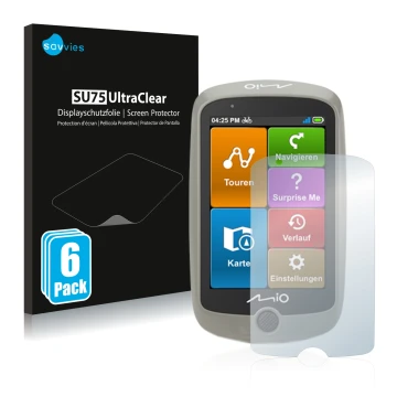 Parte frontale di una confezione del prodotto con il logo del marchio Savvies. Accanto è raffigurato il dispositivo Mitac Mio 