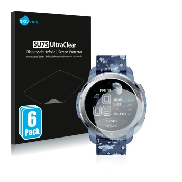 Parte frontale di una confezione del prodotto con il logo del marchio Savvies. Accanto è raffigurato il dispositivo Honor Watc