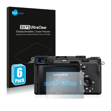 Parte frontale di una confezione del prodotto con il logo del marchio Savvies. Accanto è raffigurato il dispositivo Sony A7C c