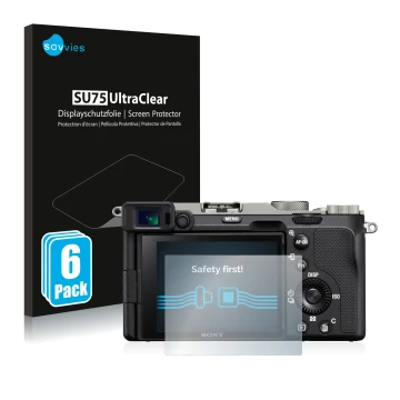 Parte frontale di una confezione del prodotto con il logo del marchio Savvies. Accanto è raffigurato il dispositivo Sony Alpha