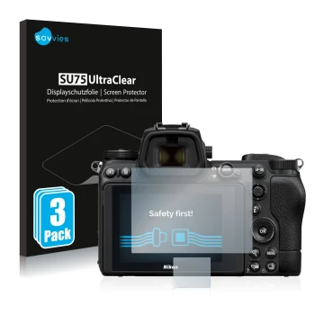 Parte frontale di una confezione del prodotto con il logo del marchio Savvies. Accanto è raffigurato il dispositivo Nikon Z 7 