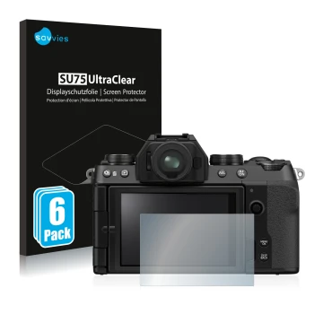 Parte frontale di una confezione del prodotto con il logo del marchio Savvies. Accanto è raffigurato il dispositivo Fujifilm X