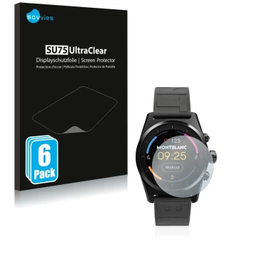 Parte frontale di una confezione del prodotto con il logo del marchio Savvies. Accanto è raffigurato il dispositivo Montblanc 