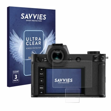 Parte frontale di una confezione del prodotto con il logo del marchio Savvies. Accanto è raffigurato il dispositivo Leica SL2-