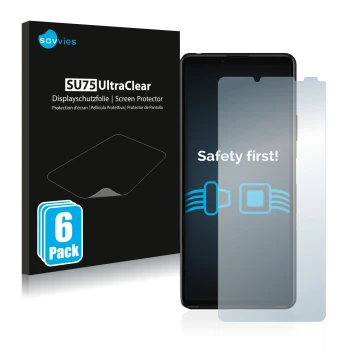 Parte frontale di una confezione del prodotto con il logo del marchio Savvies. Accanto è raffigurato il dispositivo Sony Xperi