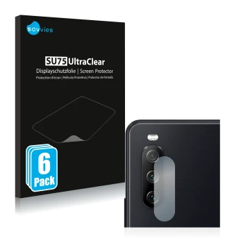 Parte frontale di una confezione del prodotto con il logo del marchio Savvies. Accanto è raffigurato il dispositivo Sony Xperi