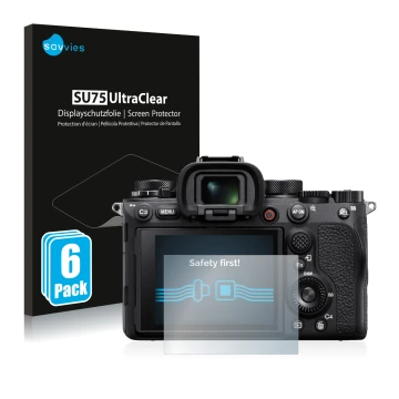 Parte frontale di una confezione del prodotto con il logo del marchio Savvies. Accanto è raffigurato il dispositivo Sony Alpha