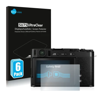 Parte frontale di una confezione del prodotto con il logo del marchio Savvies. Accanto è raffigurato il dispositivo Fujifilm X