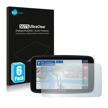 Parte frontale di una confezione del prodotto con il logo del marchio Savvies. Accanto è raffigurato il dispositivo TomTom GO 