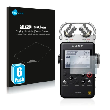 Parte frontale di una confezione del prodotto con il logo del marchio Savvies. Accanto è raffigurato il dispositivo Sony PCM D