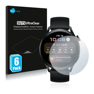 Parte frontale di una confezione del prodotto con il logo del marchio Savvies. Accanto è raffigurato il dispositivo Huawei Wat