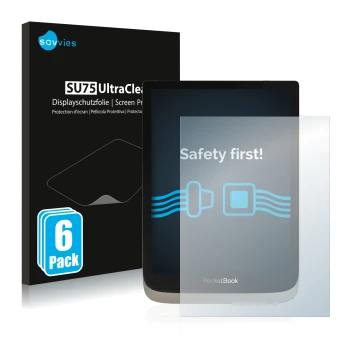 Parte frontale di una confezione del prodotto con il logo del marchio Savvies. Accanto è raffigurato il dispositivo PocketBook