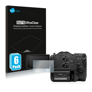 Parte frontale di una confezione del prodotto con il logo del marchio Savvies. Accanto è raffigurato il dispositivo Canon EOS 