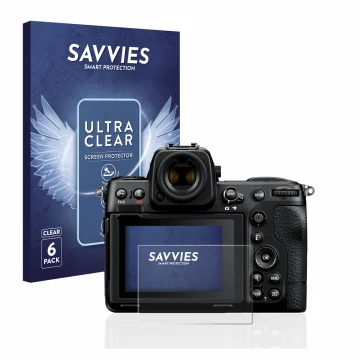 Parte frontale di una confezione del prodotto con il logo del marchio Savvies. Accanto è raffigurato il dispositivo Nikon Z 8 